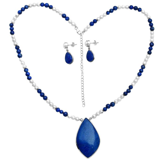 Lapis Lazuli and Pearl Necklace Earrings Set EXG01004 N-1026, 26x44 mm