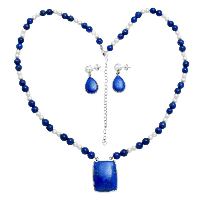 Lapis Lazuli and Pearl Necklace Earrings Set EXG01005 N-1026, 21x28 mm