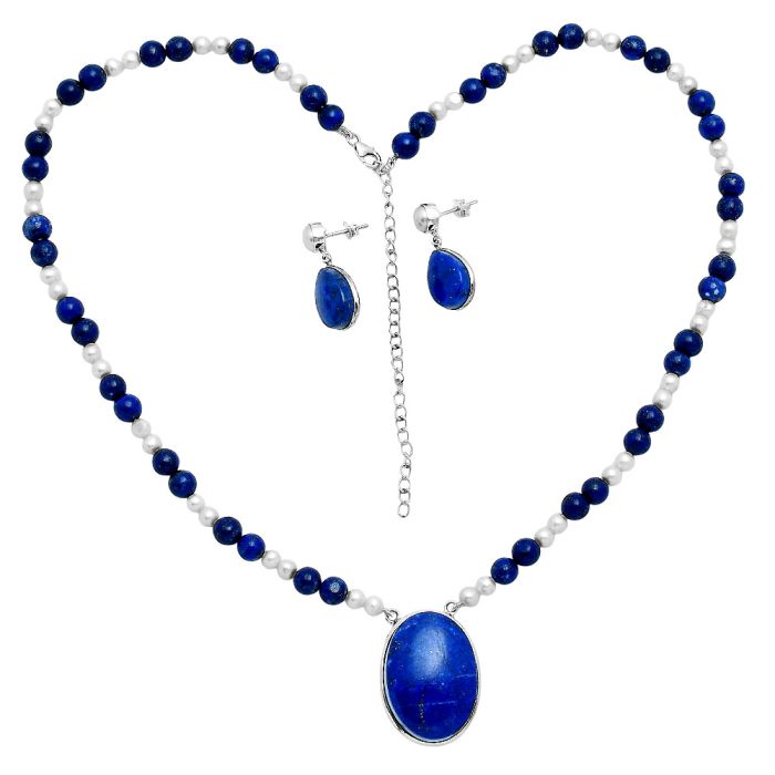 Lapis Lazuli and Pearl Necklace Earrings Set EXG01007 N-1026, 21x29 mm