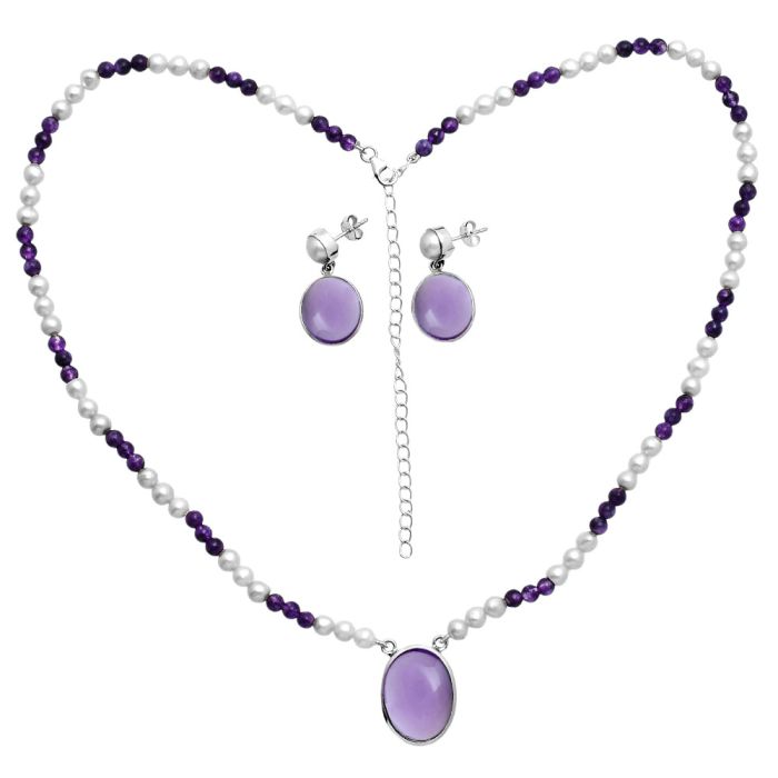 Amethyst Cab and Pearl Necklace Earrings Set EXG01010 N-1026, 15x20 mm