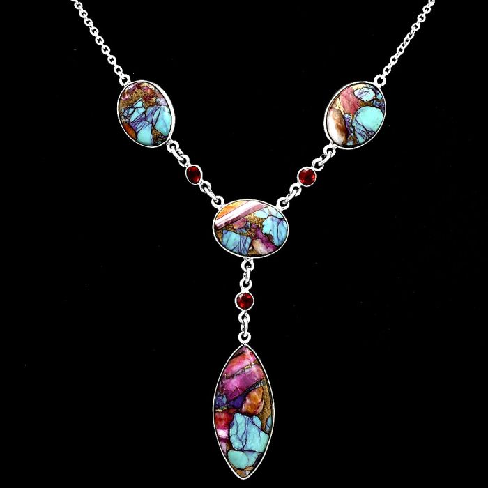 Kingman Pink Dahlia Turquoise and Garnet Necklace EXN01001 N-1023, 13x27 mm