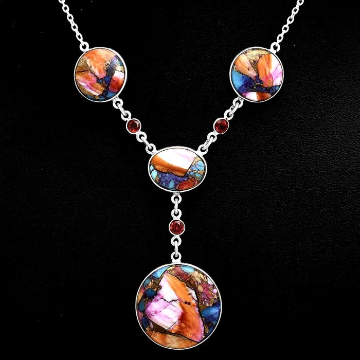 Kingman Orange Dahlia Turquoise and Garnet Necklace EXN01006 N-1023, 23x23 mm