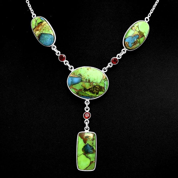 Blue Turquoise In Green Mohave and Garnet Necklace EXN01009 N-1023, 18x24 mm