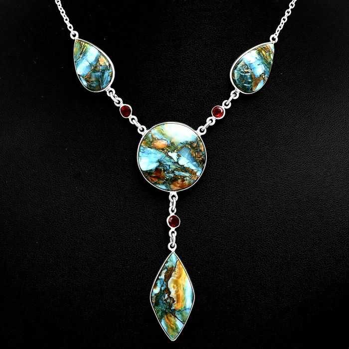 Spiny Oyster Turquoise and Garnet Necklace EXN01010 N-1023, 22x22 mm