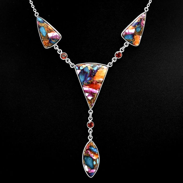 Kingman Orange Dahlia Turquoise and Garnet Necklace EXN01013 N-1023, 20x27 mm