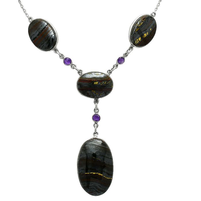 Iron Tiger Eye and Amethyst Necklace EXN01021 N-1023, 18x29 mm