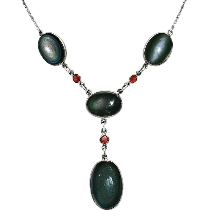 Obsidian Eye and Garnet Necklace EXN01030 N-1023, 14x22 mm