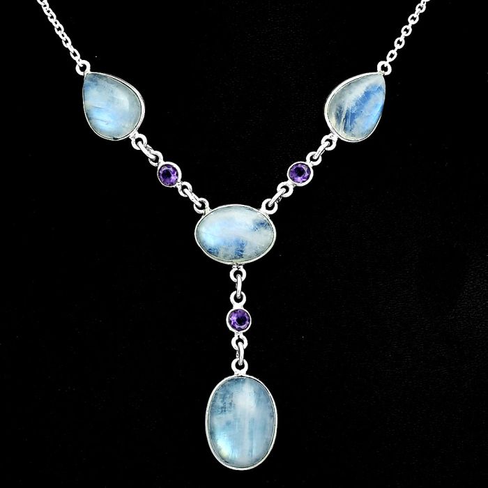 Rainbow Moonstone and Amethyst Necklace EXN01033 N-1023, 12x16 mm