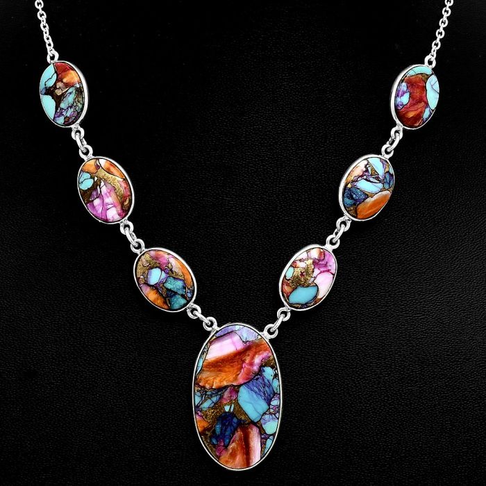 Kingman Orange Dahlia Turquoise Necklace EXN01078 N-1013, 18x29 mm