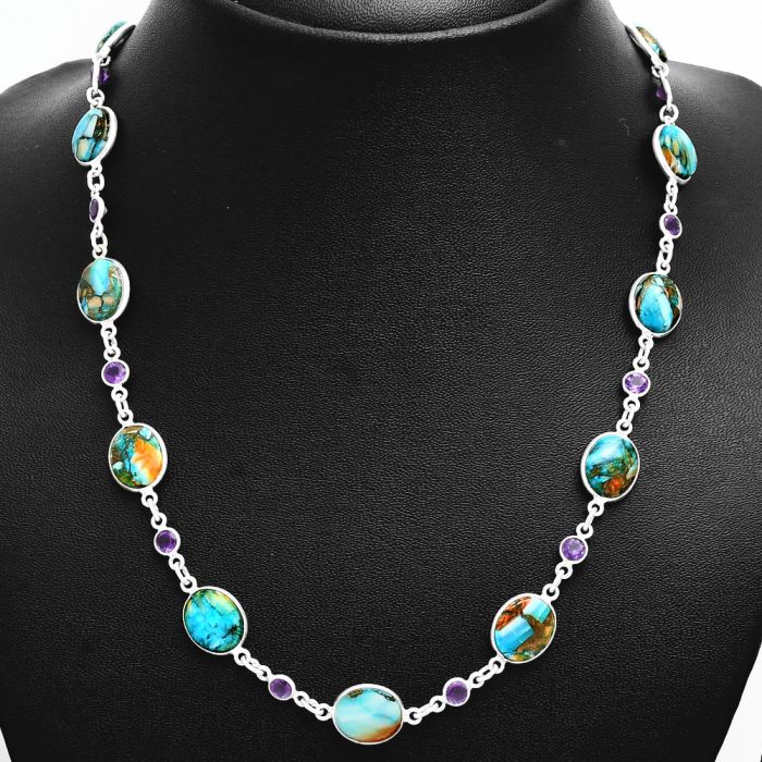 Spiny Oyster Turquoise and Amethyst Necklace EXN01106 N-1024, 9x11 mm