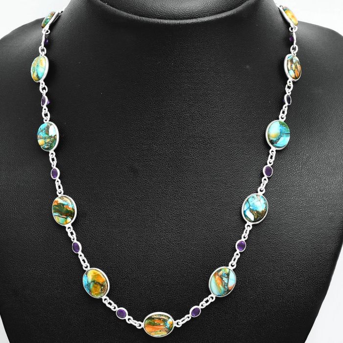 Spiny Oyster Turquoise and Amethyst Necklace EXN01107 N-1024, 10x12 mm