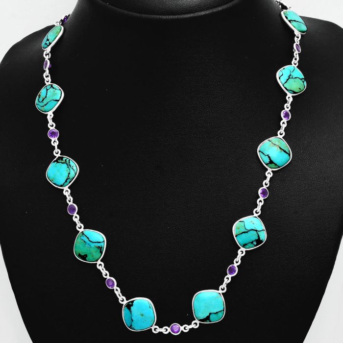 Lucky Charm Tibetan Turquoise and Amethyst Necklace EXN01112 N-1024, 13x13 mm