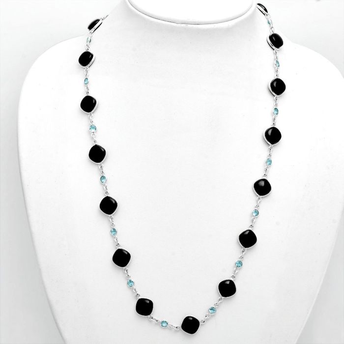 Black Onyx and Sky Blue Topaz Necklace EXN01116 N-1024, 9x9 mm