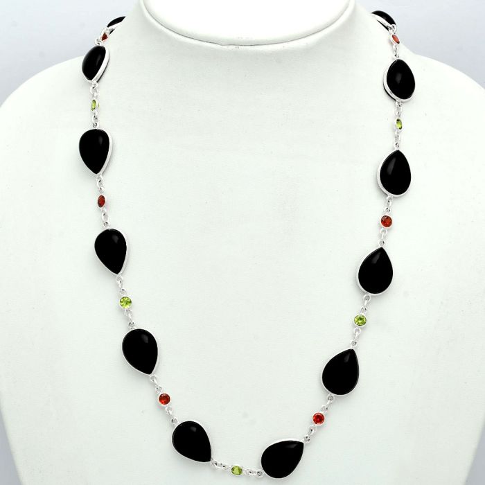 Black Onyx, Peridot & Garnet Necklace EXN01117 N-1024, 12x16 mm