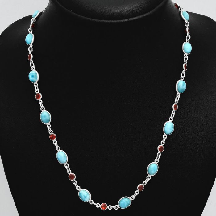 Larimar (Dominican Republic) and Garnet Necklace EXN01121 N-1024, 6x8 mm