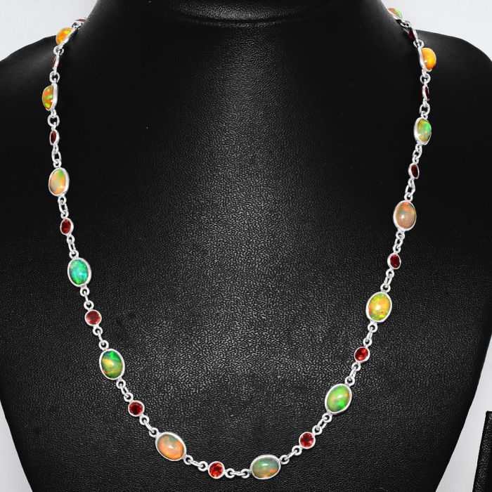 Ethiopian Opal and Garnet Necklace EXN01122 N-1024, 6x8 mm