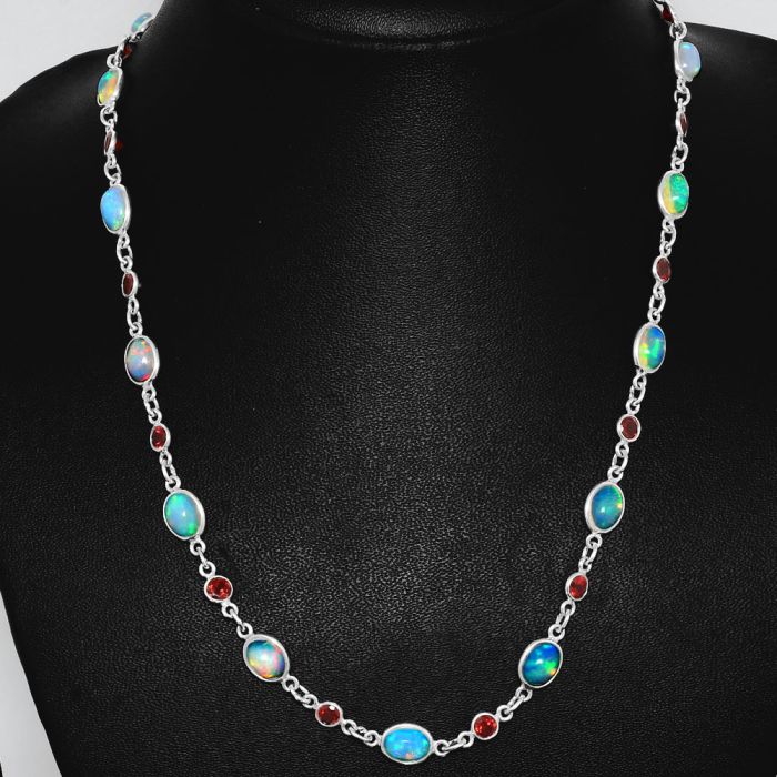 Ethiopian Opal and Garnet Necklace EXN01123 N-1024, 6x8 mm