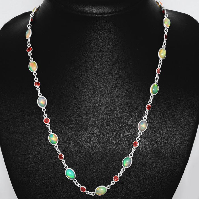 Ethiopian Opal and Garnet Necklace EXN01124 N-1024, 6x8 mm