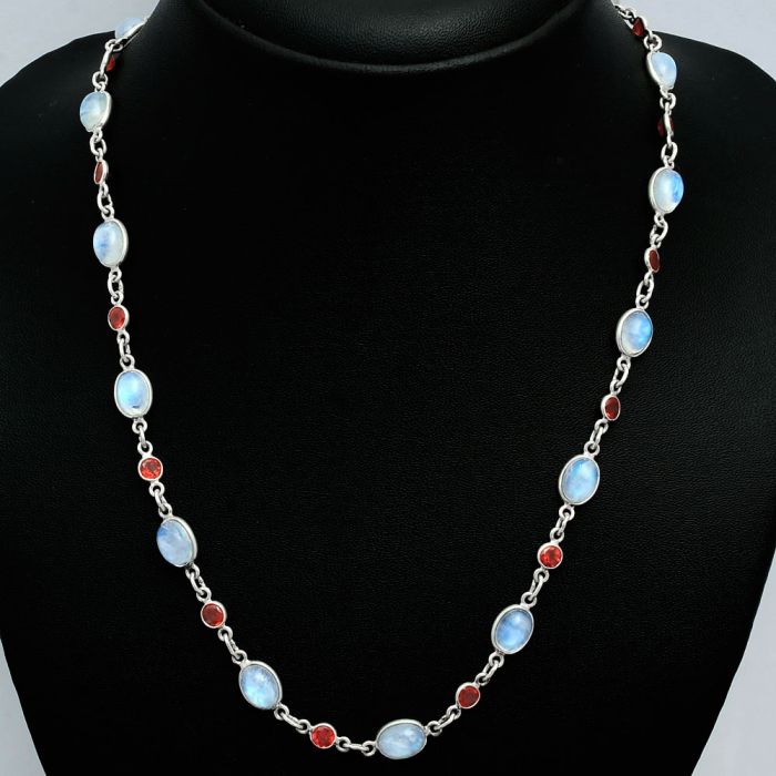 Rainbow Moonstone and Garnet Necklace EXN01125 N-1024, 6x8 mm