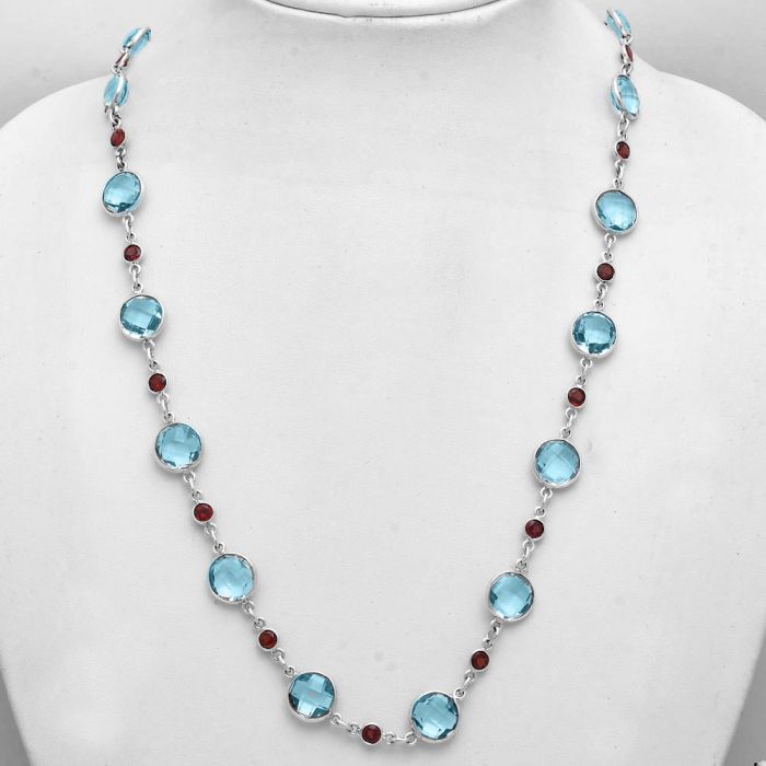 Sky Blue Topaz Checker Briolette and Garnet Necklace EXN01126 N-1024, 10x10 mm