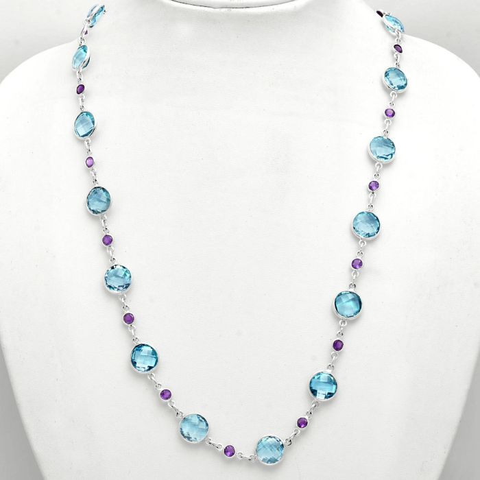 Sky Blue Topaz Checker Briolette and Amethyst Necklace EXN01127 N-1024, 10x10 mm