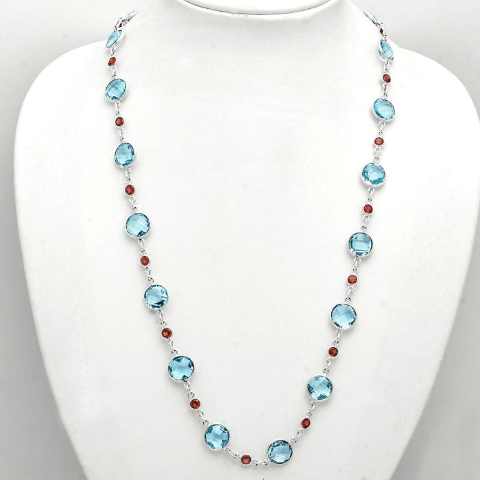 Sky Blue Topaz Checker Briolette and Garnet Necklace EXN01128 N-1024, 10x10 mm