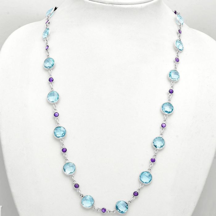 Sky Blue Topaz Checker Briolette and Amethyst Necklace EXN01129 N-1024, 10x10 mm