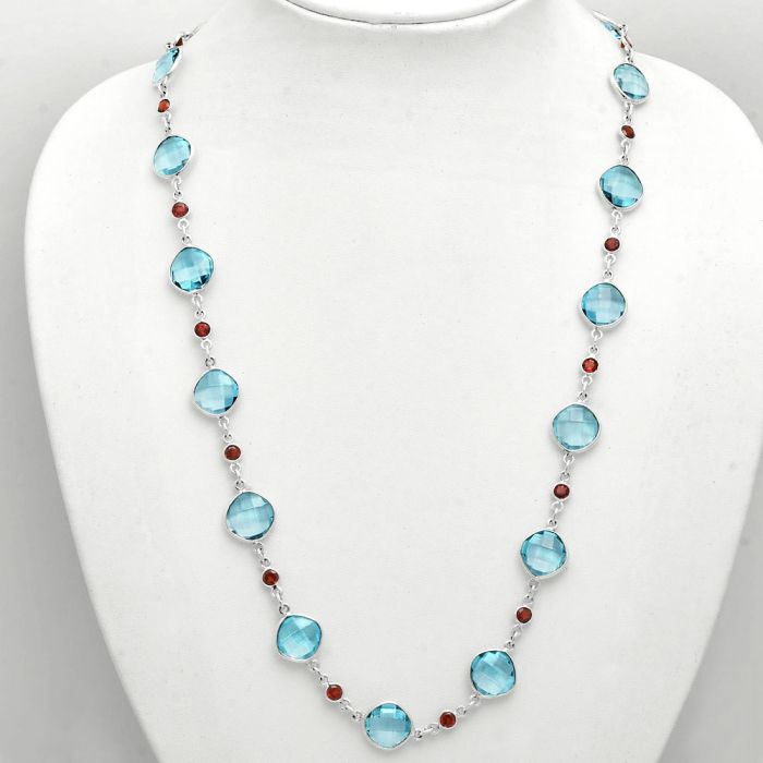 Sky Blue Topaz Checker Briolette and Garnet Necklace EXN01130 N-1024, 11x11 mm