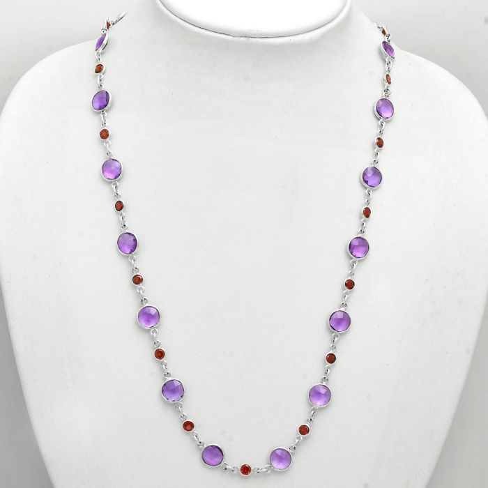 Amethyst Checker Briolette and Garnet Necklace EXN01131 N-1024, 8x8 mm