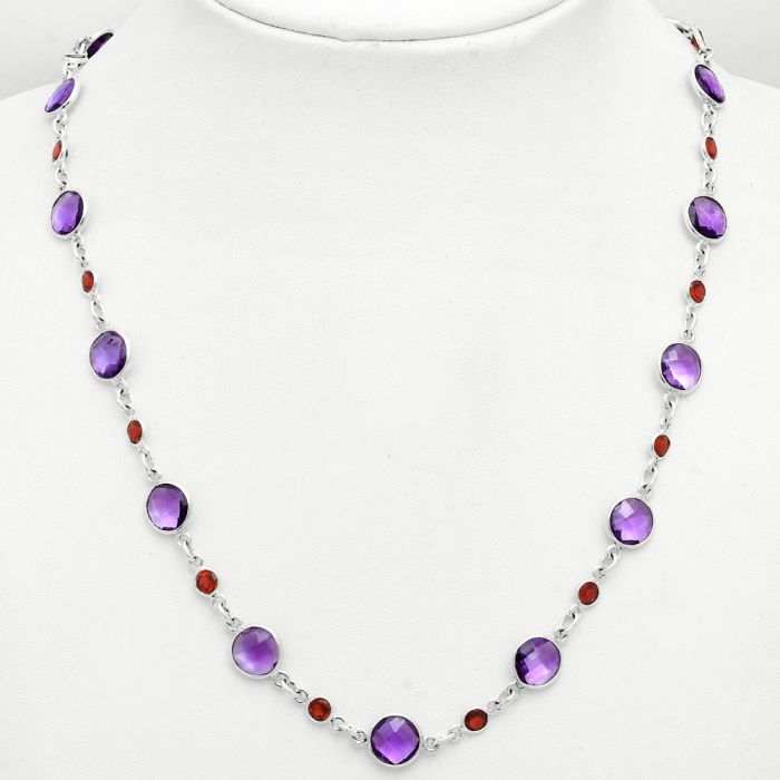 Amethyst Checker Briolette and Garnet Necklace EXN01132 N-1024, 8x8 mm