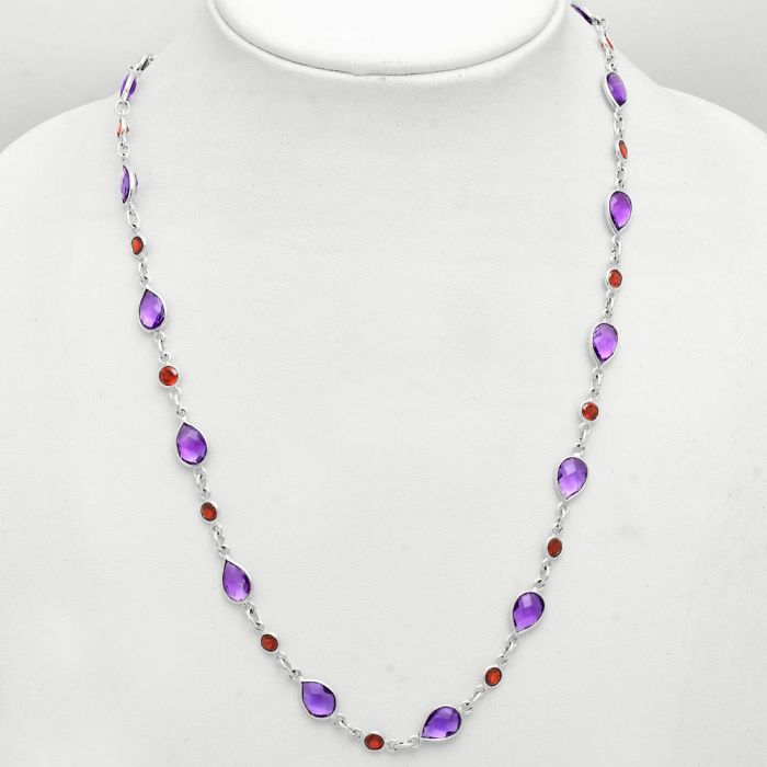 Amethyst Checker Briolette and Garnet Necklace EXN01133 N-1024, 6x9 mm