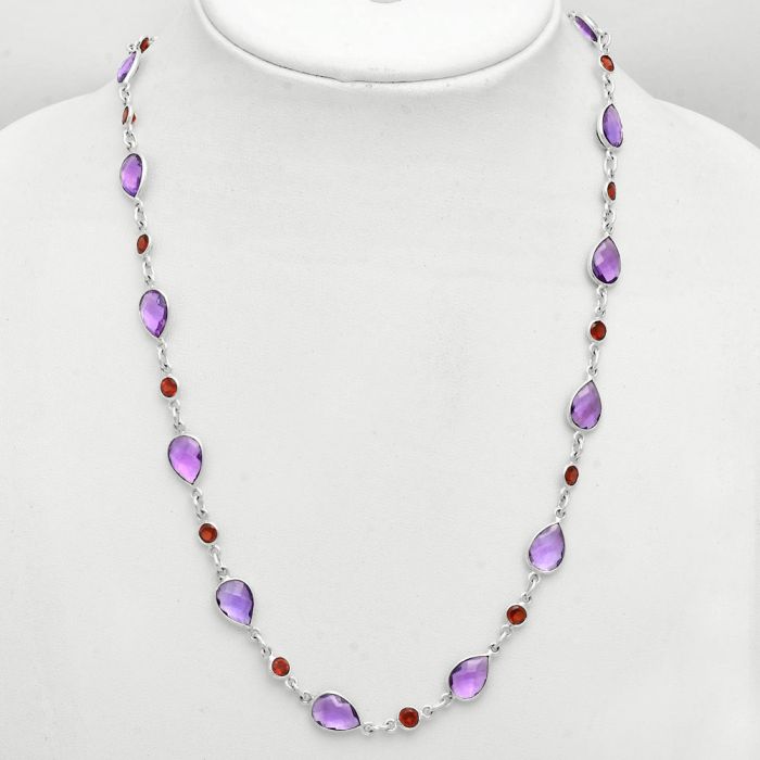 Amethyst Checker Briolette and Garnet Necklace EXN01134 N-1024, 7x10 mm