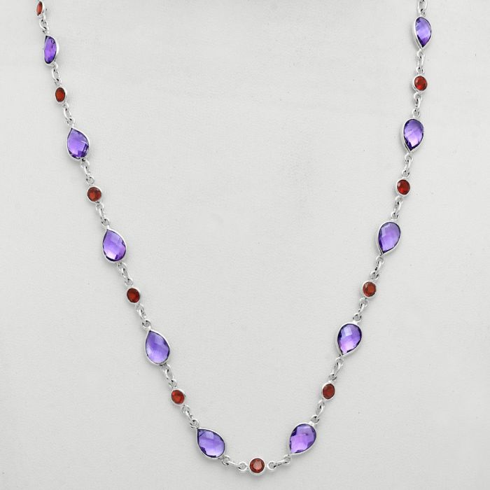 Amethyst Checker Briolette and Garnet Necklace EXN01135 N-1024, 6x9 mm