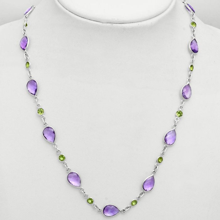 Amethyst Checker Briolette and Peridot Necklace EXN01136 N-1024, 7x10 mm