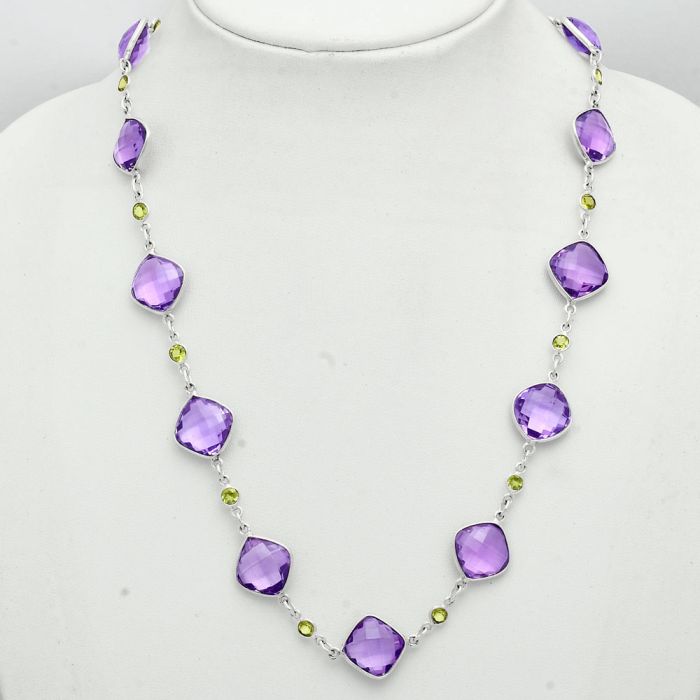 Amethyst Checker Briolette and Peridot Necklace EXN01137 N-1024, 12x12 mm