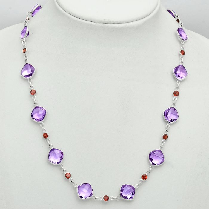 Amethyst Checker Briolette and Garnet Necklace EXN01138 N-1024, 10x10 mm