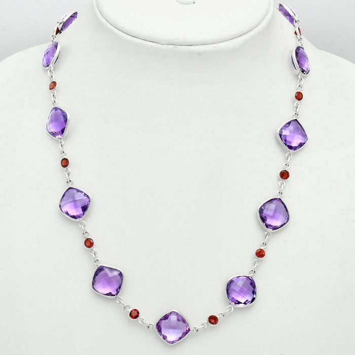 Amethyst Checker Briolette and Garnet Necklace EXN01139 N-1024, 12x12 mm