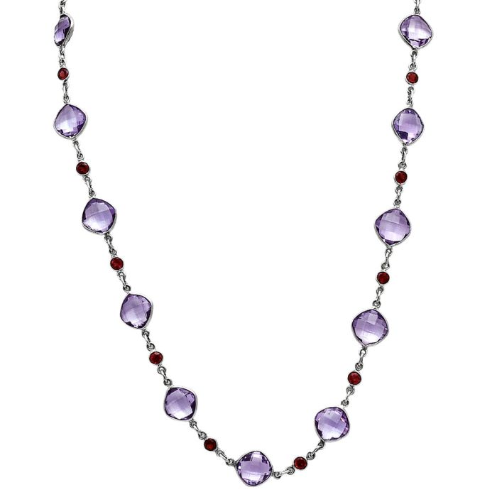 Amethyst Checker Briolette and Garnet Necklace EXN01140 N-1024, 10x10 mm