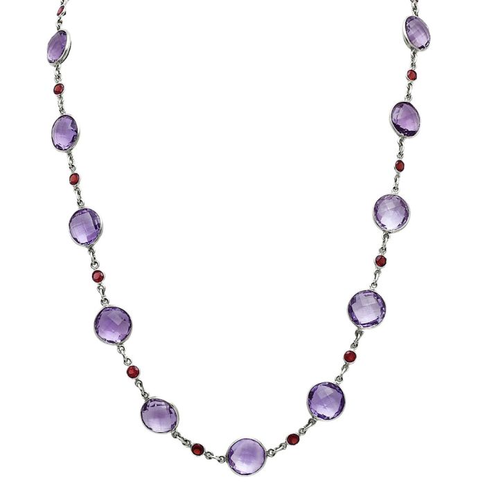 Amethyst Checker Briolette and Garnet Necklace EXN01141 N-1024, 12x12 mm