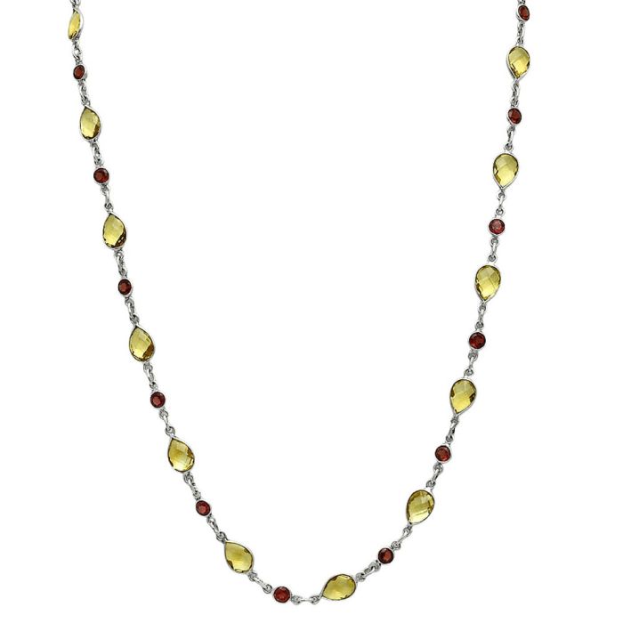 Citrine Checker Briolette and Garnet Necklace EXN01143 N-1024, 6x9 mm