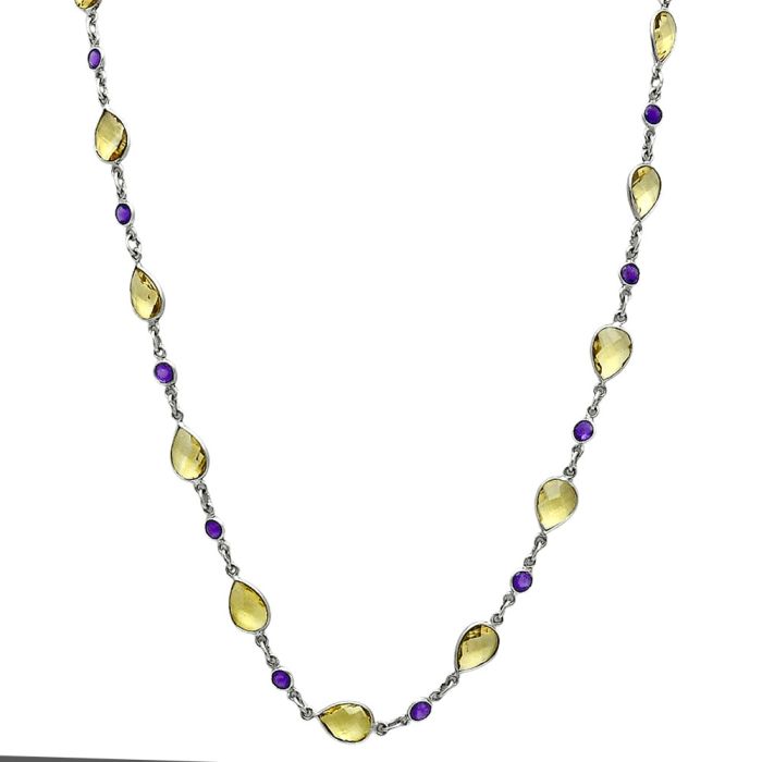 Citrine Checker Briolette and Amethyst Necklace EXN01145 N-1024, 7x10 mm