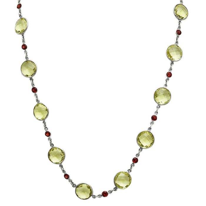 Lemon Quartz Checker Briolette and Garnet Necklace EXN01146 N-1024, 12x12 mm