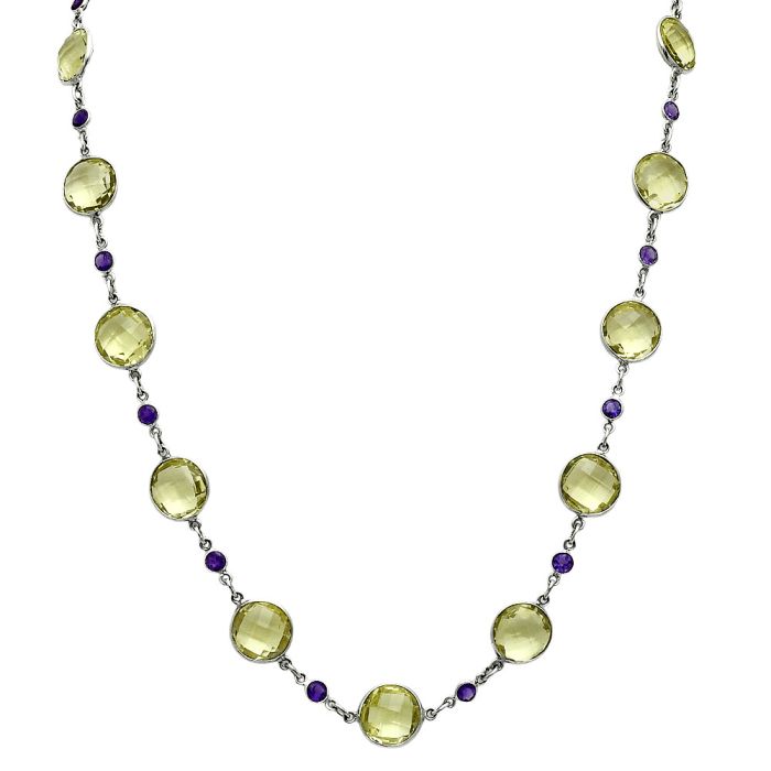 Lemon Quartz Checker Briolette and Amethyst Necklace EXN01147 N-1024, 12x12 mm