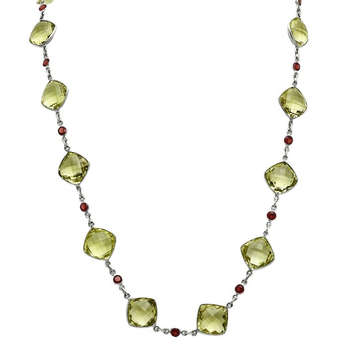 Lemon Quartz Checker Briolette and Garnet Necklace EXN01148 N-1024, 13x13 mm