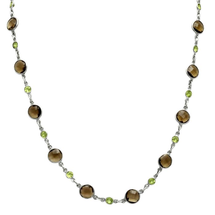 Smoky Quartz Checker Briolette and Peridot Necklace EXN01149 N-1024, 8x8 mm