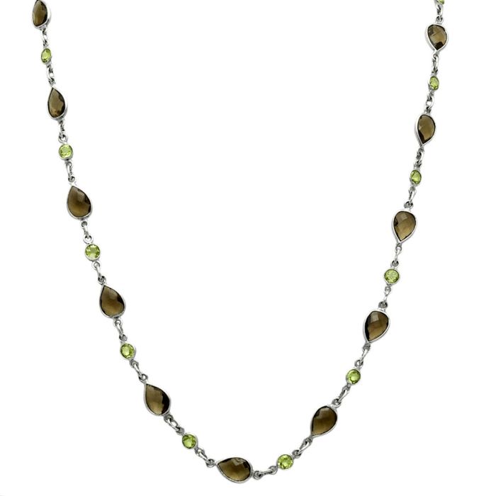 Smoky Quartz Checker Briolette and Peridot Necklace EXN01150 N-1024, 6x9 mm