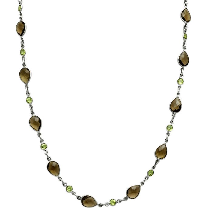 Smoky Quartz Checker Briolette and Peridot Necklace EXN01151 N-1024, 7x10 mm