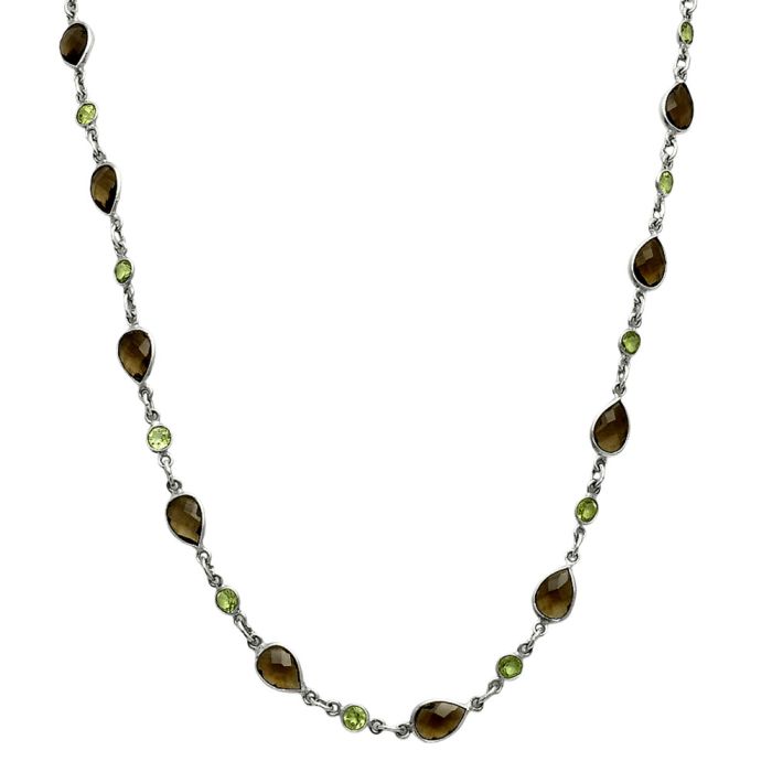 Smoky Quartz Checker Briolette and Peridot Necklace EXN01152 N-1024, 6x9 mm