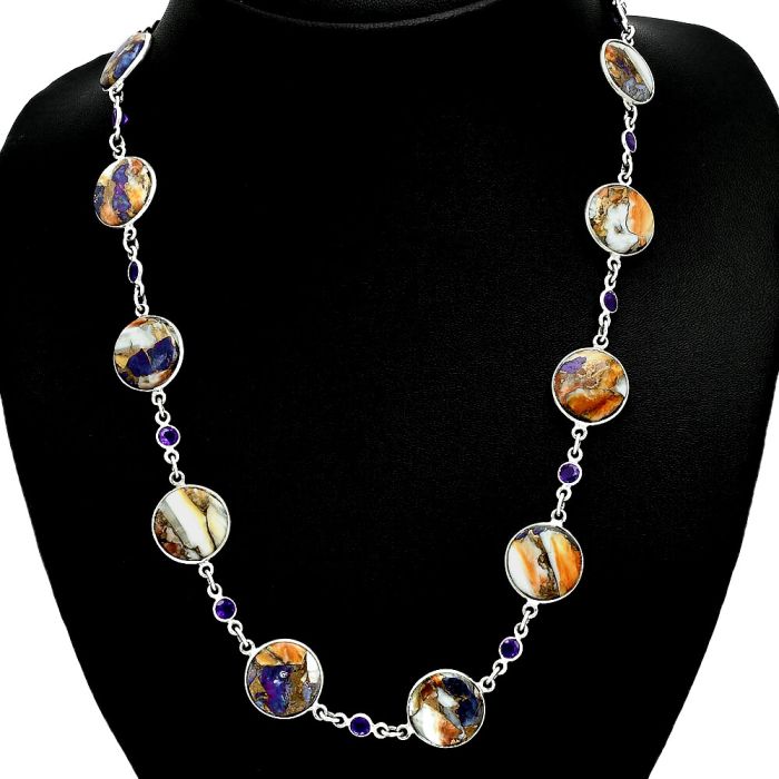 Spiny Oyster Turquoise and Amethyst Necklace EXN01155 N-1024, 14x14 mm