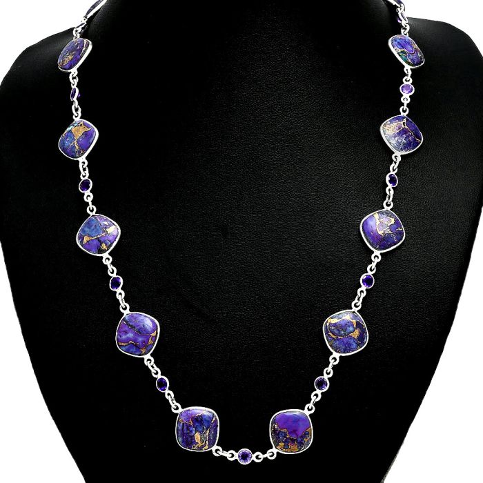 Copper Purple Turquoise and Amethyst Necklace EXN01158 N-1024, 12x12 mm